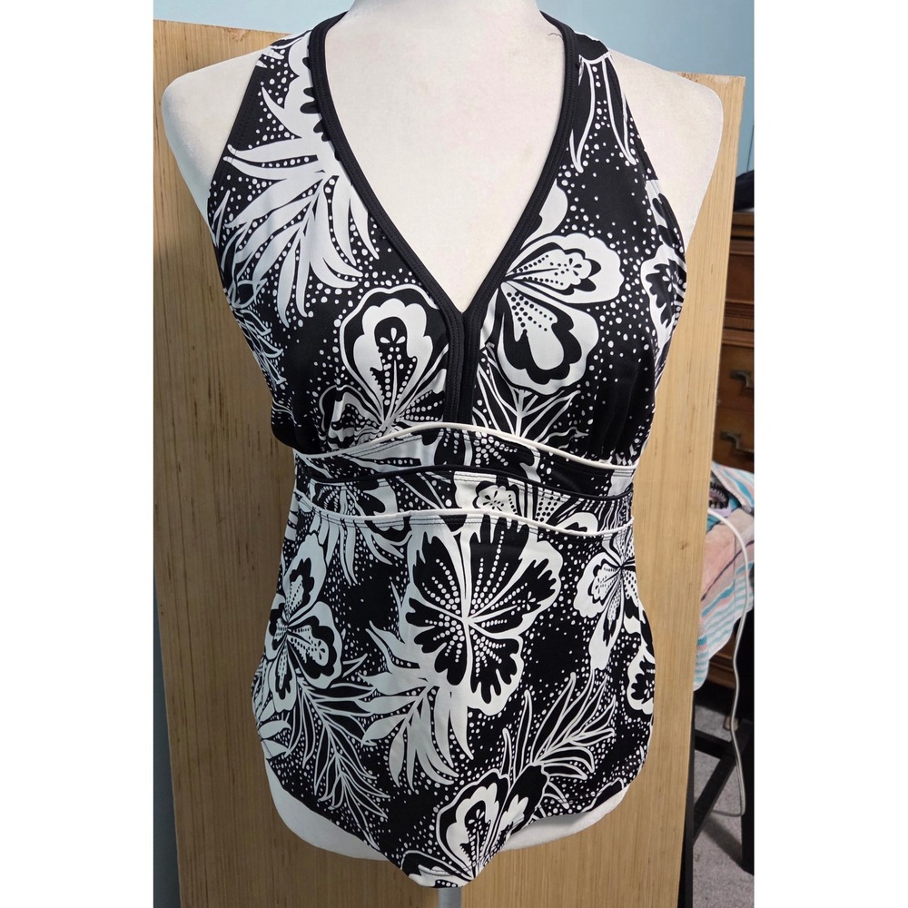 Tropical Escape Womens Black White Floral Halter Tankini Swim Top Size 14